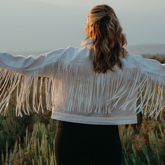 Faux Leather Fringe White Denim Oversized Cropped Boho Summer Festival Jacket - Picture 3 of 16